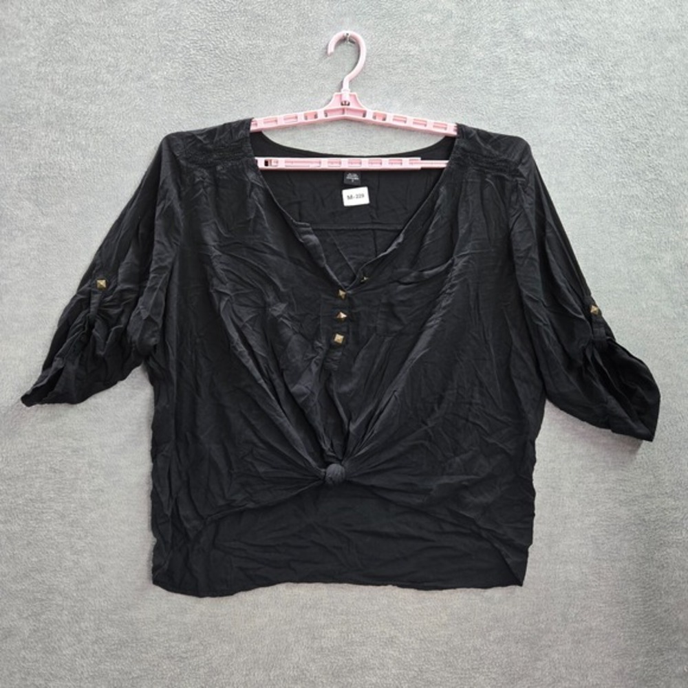 Torrid Women Blouse 3 Black Front Knot Studded‎ Roll Tab Sleeve V Neck Pullover